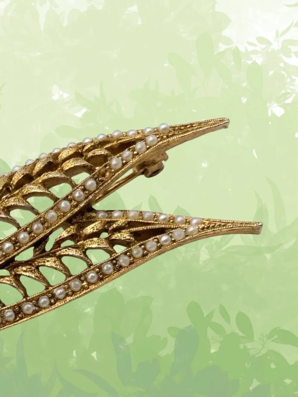Vintage Gold-tone Double Leaf Brooch With Faux Pearls - 2 1/2